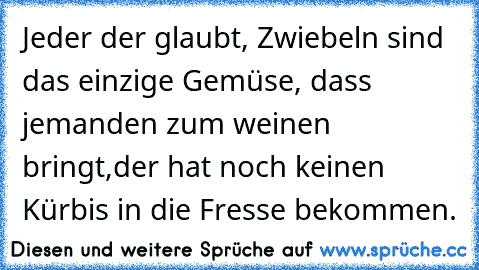 Jeder der glaubt, Zwiebeln sind das einzige Gemüse, dass jemanden zum weinen bringt,
der hat noch keinen Kürbis in die Fresse bekommen.