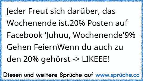 Jeder Freut sich darüber, das Wochenende ist.
20% Posten auf Facebook 'Juhuu, Wochenende'
9% Gehen Feiern
Wenn du auch zu den 20% gehörst -> LIKEEE!
♥