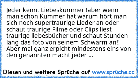 Jeder kennt Liebeskummer !aber wenn man schon Kummer hat warum hört man sich noch supertraurige Lieder an oder schaut traurige Filme oder Clips liest traurige liebesbücher und schaut Stunden lang das foto von seinem Schwarm an!! Aber mal ganz erpicht mindestens eins von den genannten macht jeder ...