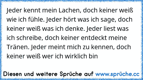 Jeder kennt mein Lachen, doch keiner weiß wie ich fühle. Jeder hört was ich sage, doch keiner weiß was ich denke. Jeder liest was ich schreibe, doch keiner entdeckt meine Tränen. Jeder meint mich zu kennen, doch keiner weiß wer ich wirklich bin…