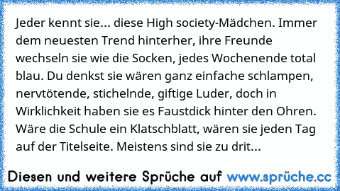 Jeder kennt sie... diese High society-Mädchen. Immer dem neuesten Trend hinterher, ihre Freunde wechseln sie wie die Socken, jedes Wochenende total blau. Du denkst sie wären ganz einfache schlampen, nervtötende, stichelnde, giftige Luder, doch in Wirklichkeit haben sie es Faustdick hinter den Ohren. Wäre die Schule ein Klatschblatt, wären sie jeden Tag auf der Titelseite. Meistens sind sie zu drit...