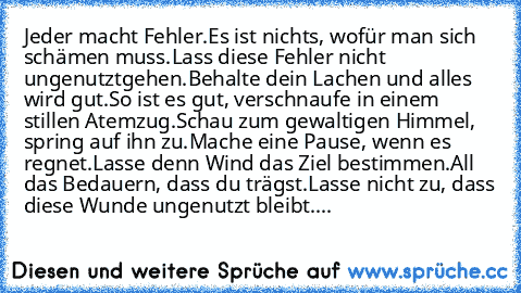 Jeder macht Fehler.
Es ist nichts, wofür man sich schämen muss.
Lass diese Fehler nicht ungenutztgehen.
Behalte dein Lachen und alles wird gut.
So ist es gut, verschnaufe in einem stillen Atemzug.
Schau zum gewaltigen Himmel, spring auf ihn zu.
Mache eine Pause, wenn es regnet.
Lasse denn Wind das Ziel bestimmen.
All das Bedauern, dass du trägst.
Lasse nicht zu, dass diese Wunde ungenutzt bleib...