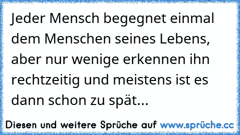 Jeder Mensch begegnet einmal dem Menschen seines Lebens, aber nur wenige erkennen ihn rechtzeitig und meistens ist es dann schon zu spät...