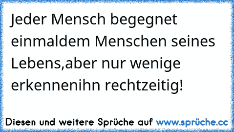 Jeder Mensch begegnet einmal
dem Menschen seines Lebens,
aber nur wenige erkennen
ihn rechtzeitig!