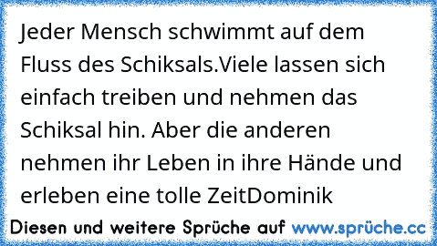 Jeder Mensch schwimmt auf dem Fluss des Schiksals.Viele lassen sich einfach treiben und nehmen das Schiksal hin. Aber die anderen nehmen ihr Leben in ihre Hände und erleben eine tolle Zeit
Dominik