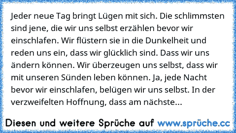 Jeder neue Tag bringt Lügen mit sich. Die schlimmsten sind jene, die wir uns selbst erzählen bevor wir einschlafen. Wir flüstern sie in die Dunkelheit und reden uns ein, dass wir glücklich sind. Dass wir uns ändern können. Wir überzeugen uns selbst, dass wir mit unseren Sünden leben können. Ja, jede Nacht bevor wir einschlafen, belügen wir uns selbst. In der verzweifelten Hoffnung, dass am näch...