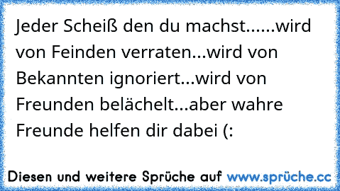 Jeder Scheiß den du machst...
...wird von Feinden verraten
...wird von Bekannten ignoriert
...wird von Freunden belächelt
...aber wahre Freunde helfen dir dabei (:♥