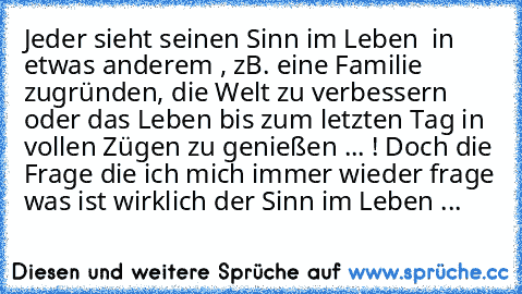 Jeder sieht seinen Sinn im Leben  in etwas anderem , zB. eine Familie zugründen, die Welt zu verbessern oder das Leben bis zum letzten Tag in vollen Zügen zu genießen ... ! Doch die Frage die ich mich immer wieder frage was ist wirklich der Sinn im Leben ...