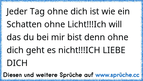 Jeder Tag ohne dich ist wie ein Schatten ohne Licht!!!
Ich will das du bei mir bist denn ohne dich geht es nicht!!!
ICH LIEBE DICH 