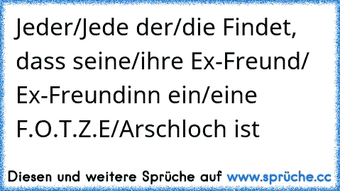 Jeder/Jede der/die Findet, dass seine/ihre Ex-Freund/ Ex-Freundinn ein/eine F.O.T.Z.E/Arschloch ist