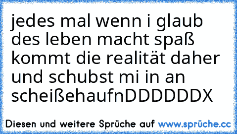 jedes mal wenn i glaub des leben macht spaß kommt die realität daher und schubst mi in an scheißehaufn
DDDDDDX