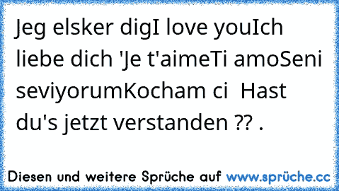 Jeg elsker dig
I love you
Ich liebe dich
Σ 'αγαπώ
Je t'aime
Ti amo
Seni seviyorum
Kocham cię
Я люблю тебя
Hast du's jetzt verstanden ?? .♥