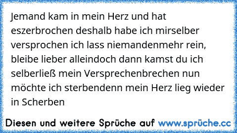 Jemand kam in mein Herz und hat es
zerbrochen deshalb habe ich mir
selber versprochen ich lass niemanden
mehr rein, bleibe lieber allein
doch dann kamst du ich selber
ließ mein Versprechen
brechen nun möchte ich sterben
denn mein Herz lieg wieder in Scherben