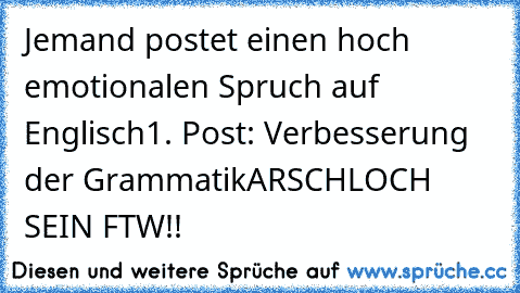 Jemand postet einen hoch emotionalen Spruch auf Englisch
1. Post: Verbesserung der Grammatik
ARSCHLOCH SEIN FTW!!