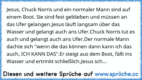 Jesus, Chuck Norris und ein normaler Mann sind auf einem Boot. Sie sind fest geblieben und müssen an das Ufer gelangen.
Jesus läuft langsam über das Wasser und gelangt auch ans Ufer.
Chuck Norris tut es auch und gelangt auch ans Ufer.
Der normale Mann dachte sich "wenn die das können dann kann ich das auch, ICH KANN DAS".
Er steigt aus dem Boot, fällt ins Wasser und ertrinkt schließlich.
Jesus ...