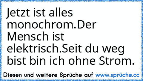 Jetzt ist alles monochrom.
Der Mensch ist elektrisch.
Seit du weg bist bin ich ohne Strom.