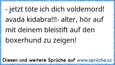 - jetzt töte ich dich voldemord! avada kidabra!!!
- alter, hör auf mit deinem bleistift auf den boxerhund zu zeigen!