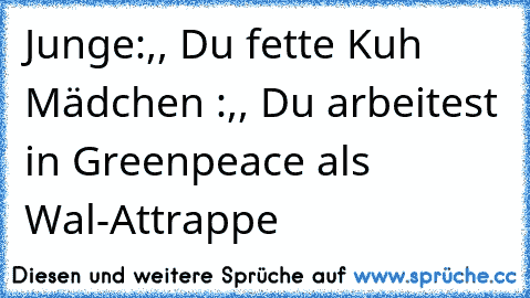 Junge:,, Du fette Kuh ´´
Mädchen :,, Du arbeitest in Greenpeace als Wal-Attrappe