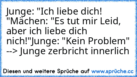 Junge: "Ich liebe dich! ♥"
Mächen: "Es tut mir Leid, aber ich liebe dich nich!"
Junge: "Kein Problem" --> Junge zerbricht innerlich