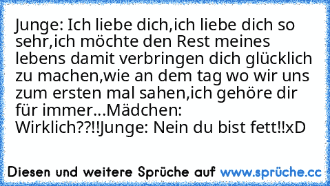 Junge: Ich liebe dich,ich liebe dich so sehr,ich möchte den Rest meines lebens damit verbringen dich glücklich zu machen,wie an dem tag wo wir uns zum ersten mal sahen,ich gehöre dir für immer...
Mädchen: Wirklich??!!
Junge: Nein du bist fett!!
xD