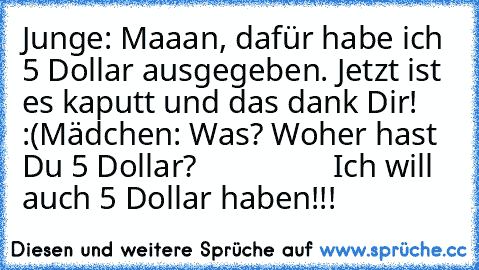 Junge: Maaan, dafür habe ich 5 Dollar ausgegeben. Jetzt ist es kaputt und das dank Dir! :(
Mädchen: Was? Woher hast Du 5 Dollar?
                 Ich will auch 5 Dollar haben!!!