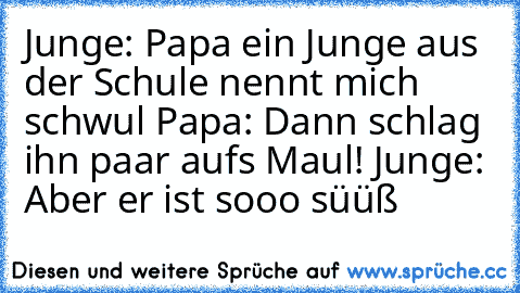 Junge: Papa ein Junge aus der Schule nennt mich schwul Papa: Dann schlag ihn paar aufs Maul! Junge: Aber er ist sooo süüß ♥