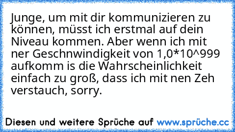 Junge, um mit dir kommunizieren zu können, müsst ich erstmal auf dein Niveau kommen. Aber wenn ich mit ner Geschnwindigkeit von 1,0*10^999 aufkomm is die Wahrscheinlichkeit einfach zu groß, dass ich mit nen Zeh verstauch, sorry.