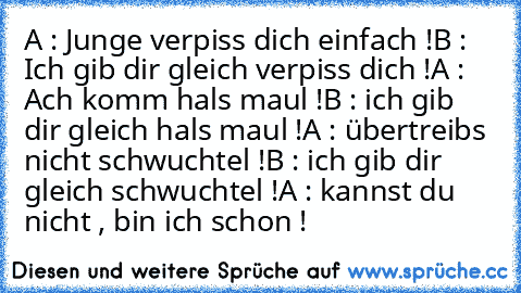 A : Junge verpiss dich einfach !
B : Ich gib dir gleich verpiss dich !
A : Ach komm hals maul !
B : ich gib dir gleich hals maul !
A : übertreibs nicht schwuchtel !
B : ich gib dir gleich schwuchtel !
A : kannst du nicht , bin ich schon !