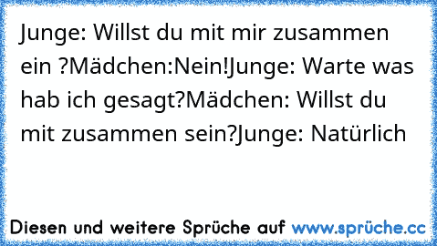 Junge: Willst du mit mir zusammen ein ?
Mädchen:Nein!
Junge: Warte was hab ich gesagt?
Mädchen: Willst du mit zusammen sein?
Junge: Natürlich ♥