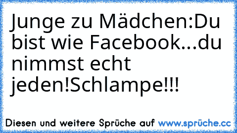 Junge zu Mädchen:
Du bist wie Facebook...du nimmst echt jeden!
Schlampe!!!