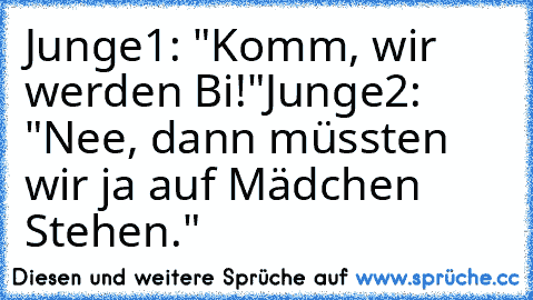 Junge1: "Komm, wir werden Bi!"
Junge2: "Nee, dann müssten wir ja auf Mädchen Stehen."