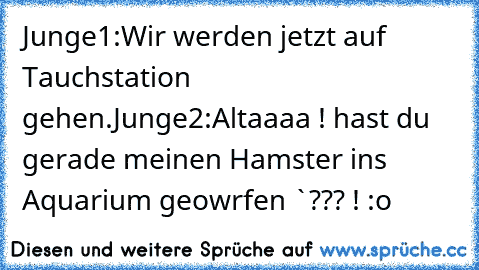 Junge1:Wir werden jetzt auf Tauchstation gehen.
Junge2:Altaaaa ! hast du gerade meinen Hamster ins Aquarium geowrfen `??? ! :o