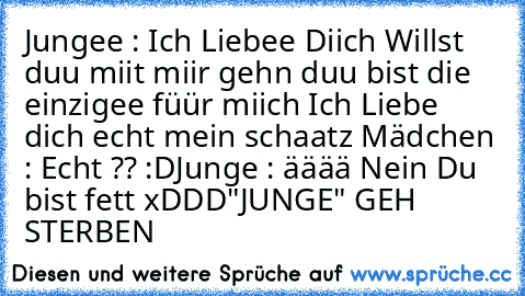 Jungee : Ich Liebee Diich Willst duu miit miir gehn duu bist die einzigee füür miich Ich Liebe dich echt mein schaatz 
Mädchen : Echt ?? :D
Junge : ääää Nein Du bist fett xDDD	
"JUNGE" GEH STERBEN