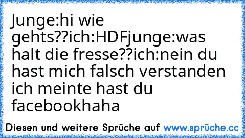 Junge:hi wie gehts??
ich:HDF
junge:was halt die fresse??
ich:nein du hast mich falsch verstanden ich meinte hast du facebook
haha