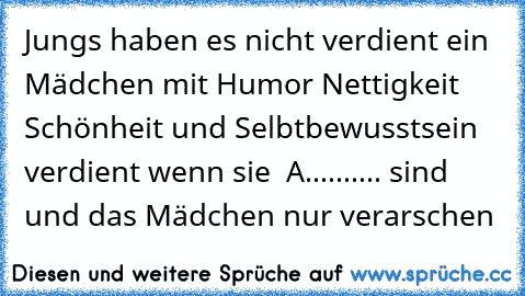 Jungs haben es nicht verdient ein Mädchen mit Humor Nettigkeit Schönheit und Selbtbewusstsein verdient wenn sie  A.......... sind und das Mädchen nur verarschen ♥