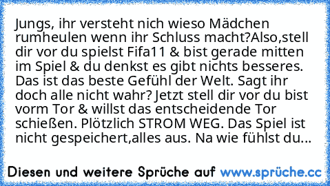 Jungs, ihr versteht nich wieso Mädchen rumheulen wenn ihr Schluss macht?Also,stell dir vor du spielst Fifa11 & bist gerade mitten im Spiel & du denkst es gibt nichts besseres. Das ist das beste Gefühl der Welt. Sagt ihr doch alle nicht wahr? Jetzt stell dir vor du bist vorm Tor & willst das entscheidende Tor schießen. Plötzlich STROM WEG. Das Spiel ist nicht gespeichert,alles aus. Na wie fühlst...