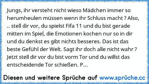 Jungs, ihr versteht nicht wieso Mädchen immer so herumheulen müssen wenn ihr Schluss macht ? Also, .. stell dir vor, du spielst Fifa 11 und du bist gerade mitten im Spiel, die Emotionen kochen nur so in dir und du denkst es gibt nichts besseres. Das ist das beste Gefühl der Welt. Sagt ihr doch alle nicht wahr ? Jetzt stell dir vor du bist vorm Tor und du willst das entscheidende Tor schießen. P...