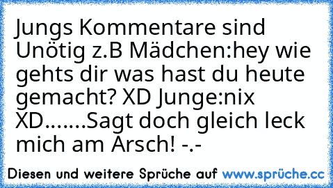 Jungs Kommentare sind Unötig z.B Mädchen:hey wie gehts dir was hast du heute gemacht? XD Junge:nix XD.......Sagt doch gleich leck mich am Arsch! -.-