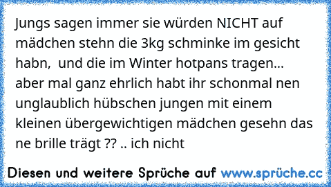 Jungs sagen immer sie würden NICHT auf mädchen stehn die 3kg schminke im gesicht habn,  und die im Winter hotpans tragen... aber mal ganz ehrlich habt ihr schonmal nen unglaublich hübschen jungen mit einem kleinen übergewichtigen mädchen gesehn das ne brille trägt ?? .. ich nicht