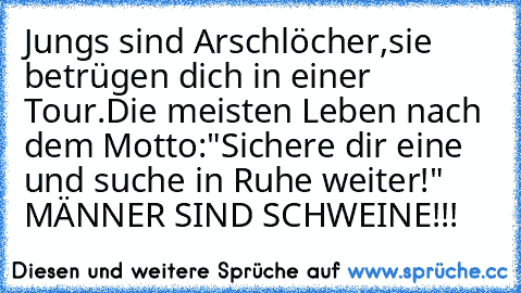 Jungs sind Arschlöcher,
sie betrügen dich in einer Tour.
Die meisten Leben nach dem Motto:
"Sichere dir eine und suche in Ruhe weiter!" 
MÄNNER SIND SCHWEINE!!!