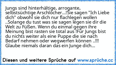 Jungs sind hinterhältige, arrogante, selbstsüchtige Arschlöcher...!Sie sagen "Ich Liebe dich" obwohl sie dich nur flachlegen wollen ..Solange du tust was sie sagen legen sie dir die Welt zu Füßen. Wenn du einmal gegen ihre Meinung bist rasten sie total aus !Für Jungs bist du nichts weiter als eine Puppe die sie nach Bedarf nehmen oder wegwerfen können ..!!! 
Glaube niemals daran das ein Junge d...