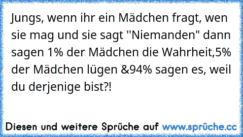 Jungs, wenn ihr ein Mädchen fragt, wen sie mag und sie sagt ''Niemanden" dann sagen 
1% der Mädchen die Wahrheit,
5% der Mädchen lügen &
94% sagen es, weil du derjenige bist?!