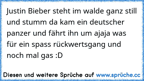 Justin Bieber steht im walde ganz still und stumm da kam ein deutscher panzer und fährt ihn um ajaja was für ein spass rückwertsgang und noch mal gas :D