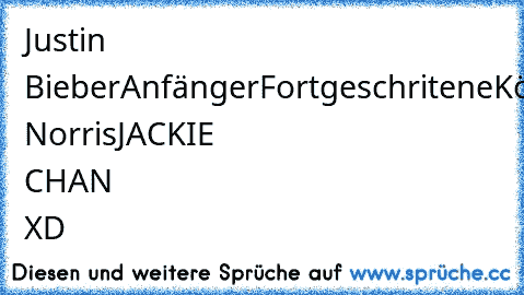 Justin Bieber
Anfänger
Fortgeschritene
Könner
Profi
Legende
Gott
Chuck Norris
JACKIE CHAN XD