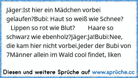 Jäger:Ist hier ein Mädchen vorbei gelaufen?
Bubi: Haut so weiß wie Schnee?
         Lippen so rot wie Blut?
         Haare so schwarz wie ebenholz?
Jäger:Ja!
Bubi:Nee, die kam hier nicht vorbei.
Jeder der Bubi von 7Männer allein im Wald cool findet, liken♥