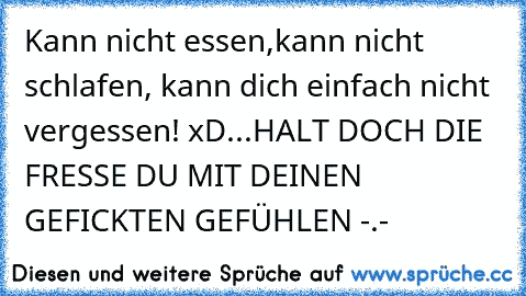 Kann nicht essen,kann nicht schlafen, kann dich einfach nicht vergessen! xD...HALT DOCH DIE FRESSE DU MIT DEINEN GEFICKTEN GEFÜHLEN -.-