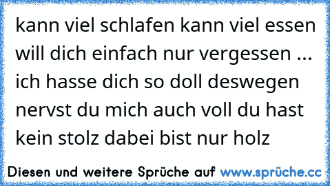 kann viel schlafen kann viel essen will dich einfach nur vergessen 
... 
ich hasse dich so doll deswegen nervst du mich auch voll du hast kein stolz dabei bist nur holz