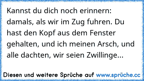 Kannst du dich noch erinnern: damals, als wir im Zug fuhren. Du hast den Kopf aus dem Fenster gehalten, und ich meinen Arsch, und alle dachten, wir seien Zwillinge...