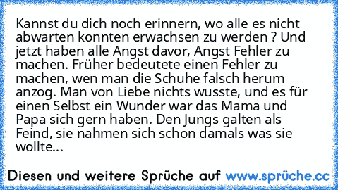 Kannst du dich noch erinnern, wo alle es nicht abwarten konnten erwachsen zu werden ?
 Und jetzt haben alle Angst davor, Angst Fehler zu machen. Früher bedeutete einen Fehler zu machen, wen man die Schuhe falsch herum anzog. Man von Liebe nichts wusste, und es für einen Selbst ein Wunder war das Mama und Papa sich gern haben.
 Den Jungs galten als Feind, sie nahmen sich schon damals was sie wol...