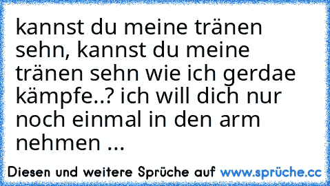 kannst du meine tränen sehn, kannst du meine tränen sehn wie ich gerdae kämpfe..? ich will dich nur noch einmal in den arm nehmen ...